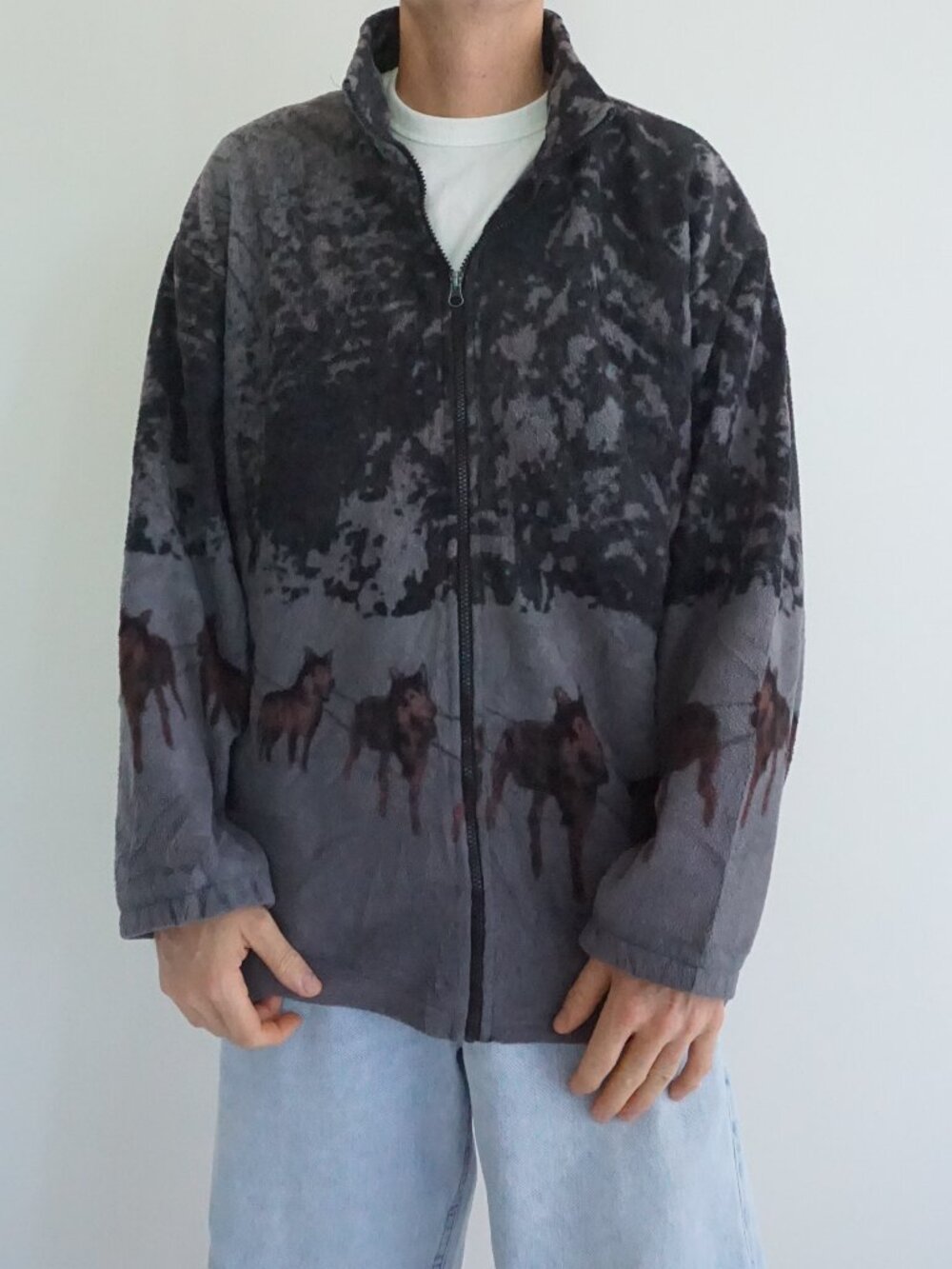 Eco-Friendly Collection Grey Black Wolf Forest Full Zip Outdoor Animal Jacket XL